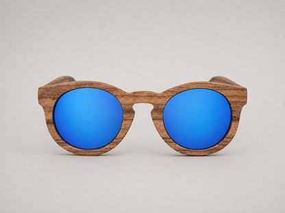 Gafas de madera redondas con espejo azul