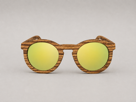Gafas de madera redondas con espejo amarillo