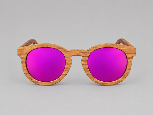 Gafas de madera redondas con espejo rosa
