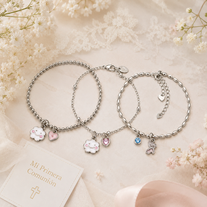Pulsera nube, flor y mariposa plata