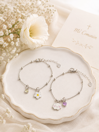 Pulsera nube, flor y mariposa plata
