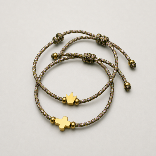 Pack Pulsera corona y cruz con bolita dorada eventos