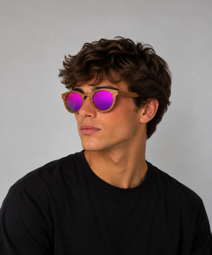 Gafas de madera redondas con espejo rosa